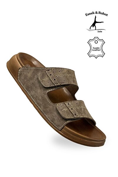 lil amore Men's Double Velcro Leather Slippers – Comfortable Daily Slippers with Flexible Soles C Mink