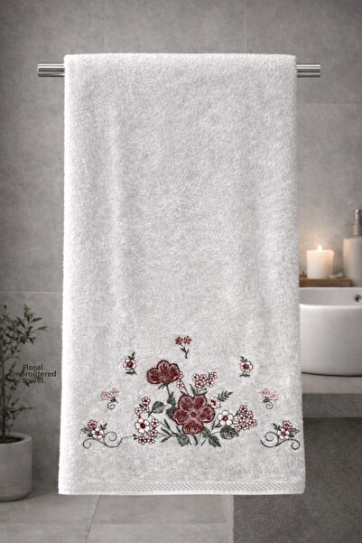 Bella Home Bamboo Cotton Floral Embroidered 50 X 90 cm Embroidered Hand Towel
