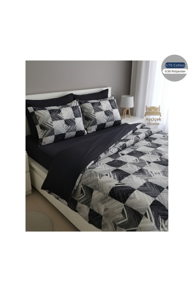 ayçiçek home طقم غطاء لحاف مزدوج وملاءة مرنة ومقاس 180/200 وتصميم هندسي أسود من بينترست