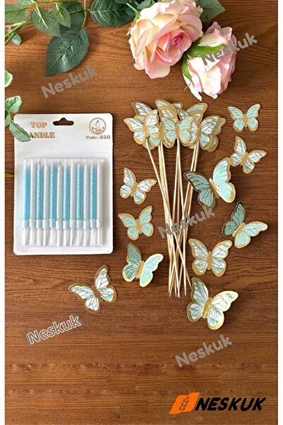 Neskuk Pack of 12 White and Blue Birthday Cake Candles + Paper Butterfly Orna...