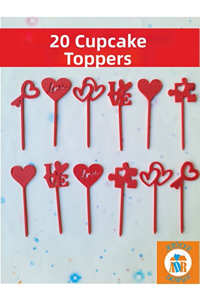 Atölye Doruk Valentine's Day, Birthday, Marriage Proposal Anniversary, -Heart Cupcake Toothpick, Love Cake Toothpick