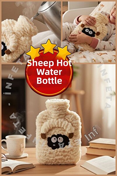 İnfeta حقيبة ماء ساخن من القطيفة على شكل خروف، حقيبة ماء ساخن سعة 1 لتر مع غط...