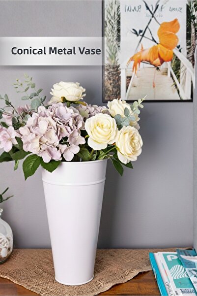 Orvila مخروطي معدني أبيض - مزهرية حامل المظلة، تنسيق وعاء الزهور المزخرف، وعاء الزهور