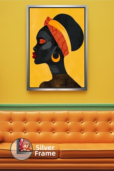 KOSS Dijital Portret de femeie africană, fundal galben, figură minimalistă a ...