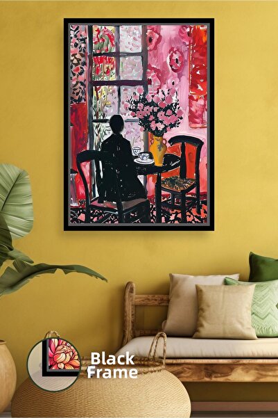 KOSS Dijital Figurină așezată în fața ferestrei, masă cu flori, scenă de cafe...