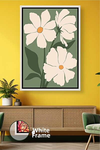 KOSS Dijital Decor de perete cu flori albe pe fundal verde, stil boem, ton na...