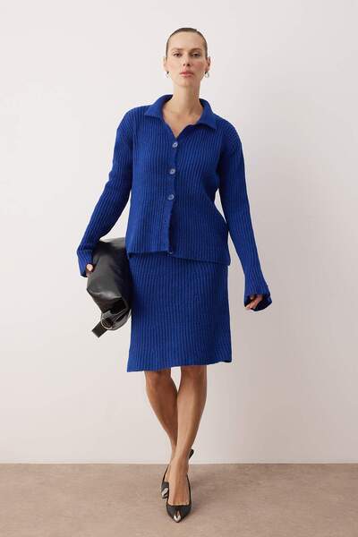 Trendyol Collection Cobalt Soft Textured 2-Piece Cardigan-Skirt Knitwear Bottom - Top Set Twoaw26Au00123