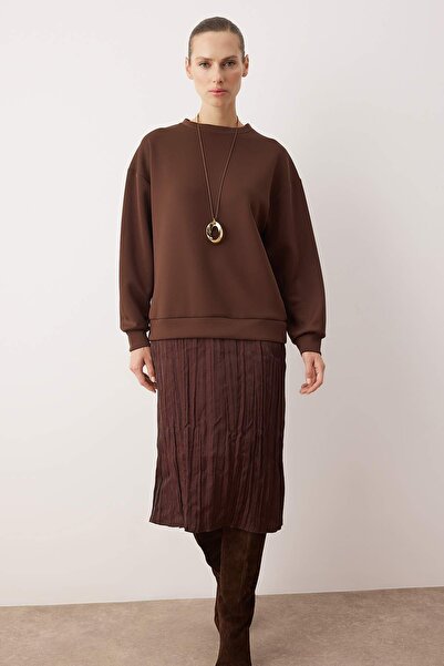 Trendyol Modest Brown Unlined Double Fabric Sweat Knitted Dress Tctaw26Eb00073
