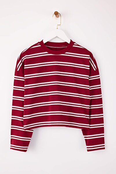 Trendyol Collection Burgundy Striped Relaxed/Casual Fit Low Arm Long Sleeve Tok 100% Cotton Knitted T-Shirt Twoss26Ts00019