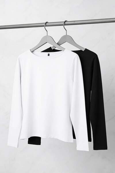 Trendyol Curve Black-White Stretch Fabric Combed Cotton Single Jersey Knitted Plus Size Blouse