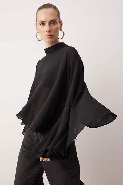 Trendyol Collection Black Flounce Unlined Boho Woven Blouse Twoaw26Bz00203