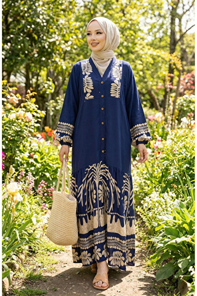 sefamerve Viscose Fabric Half Button Dress 0056-03 Navy Blue