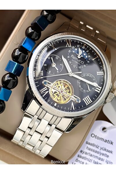 Ferrucci Çelik Kordon Gümüş - Lacivert Kadran Otomatik Mekanizma Erkek Kol Saati