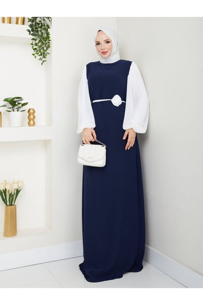 hiramir Gül Kemerli Kolları Şifon Abiye Elbise-Lacivert - 46