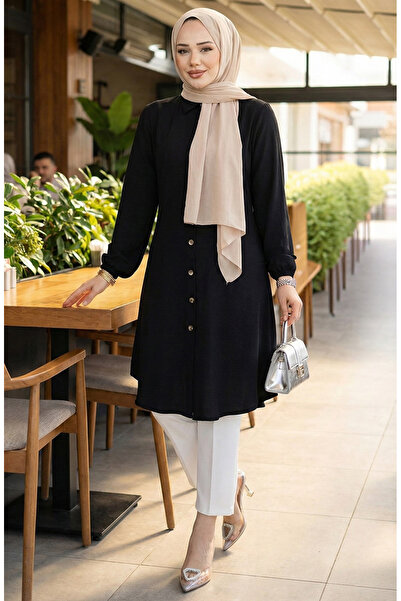 sefamerve تونيك فيسكوز بأكمام مطاطية 0171-07 أسود