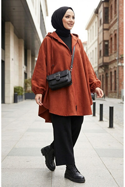 sefamerve Kapüşonlu Kaşe Panço 0505-06 Kiremit