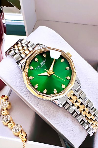Tom Jones London Women Wrist Watch 3 Atm Water Resistant Gold Color Steel Band + Bracelet Tjcgl8523