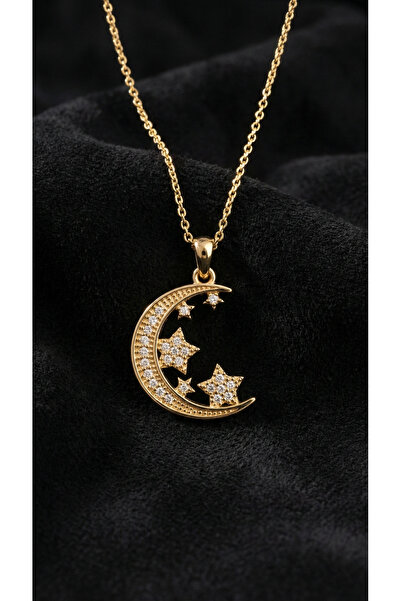 Roza Silver Zirkon Taşlı Gold Ay Yıldız Gökyüzü Gümüş Kolye