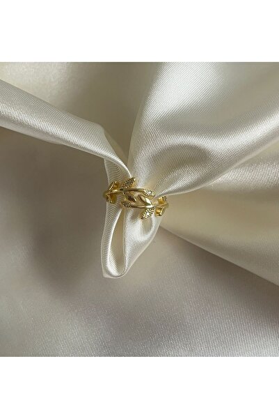 Goche خاتم من حجر الزركون قابل للتعديل بنمط أوراق الشجر باللون الذهبي