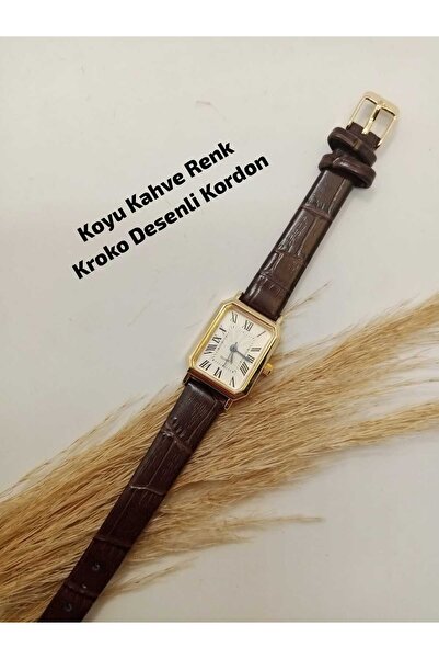 Brality Retro Model Kadın Kol Saati Koyu Kahve Renk Kroko Desenli Kordon Gold Kasa- Romalı Kadran tt0056