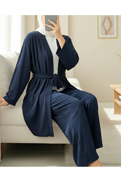 Modamorfo Crinkle Kimono Suit with Side Pockets and Belted Long Sleeve Trousers - Navy