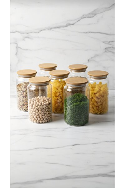 ÖZ HOME 6-Piece Vacuum Bamboo Lid Glass Storage Jar 1130 ml