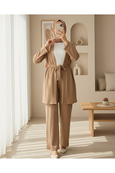 Modamorfo Σετ Crinkle Kimono με πλαϊνές τσέπες και μακρυμάνικο παντελόνι με ζώνη μέσης - Mink