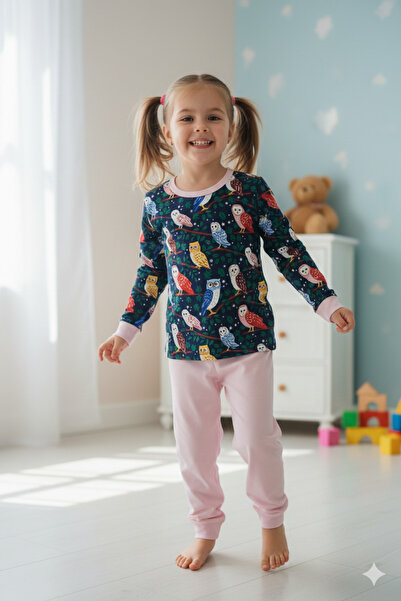 CRAZY MONKEY Set de pijamale pentru fete din bumbac imprimat cu bufniță