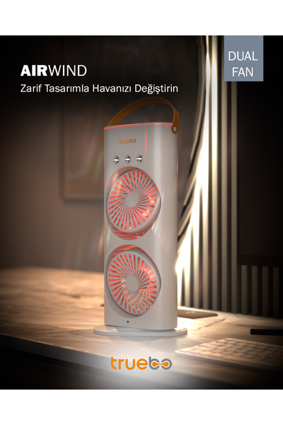 truebo AirWind - Masaüstü Buhar Püskürtmeli Taşınabilir Şarjlı Led Işıklı Çift Fanlı Vantilatör