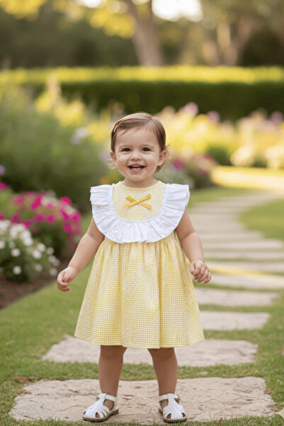 Bertuğ Bebek Fırfır ve Kurdele Süslemeli Pötikare Sarı Kız Çocuk Bebek Elbise