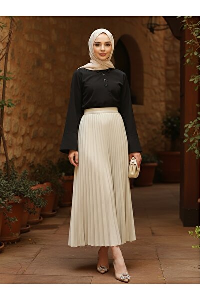 Miyalon Kadın Tesettür Deri Görünümlü Pileli Etek