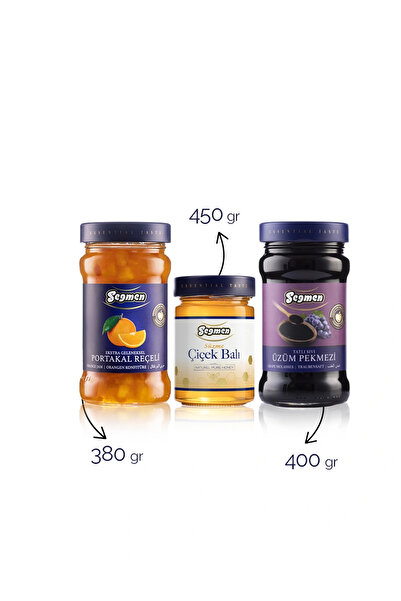 Seğmen Portakal Reçeli, Süzme Çiçek Balı Ve Üzüm Pekmezi (3'lü)