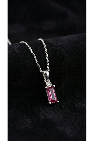 Roza Silver Pembe Taşlı Rodyum Tektaş Baget Gümüş Kolye