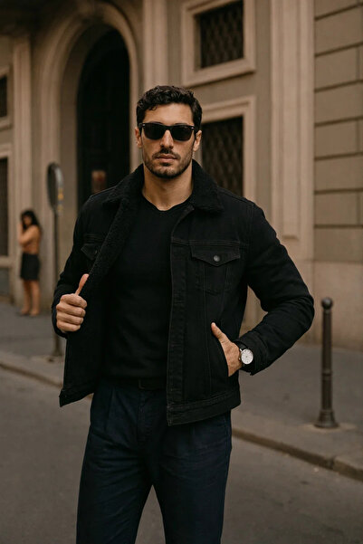 comstar Jachetă de blugi clasică S.Negru pentru bărbați, de iarnă, casual, cu blană în interior