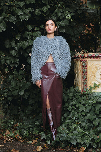 Pilea Yırtmaçlı Bordo Deri Etek