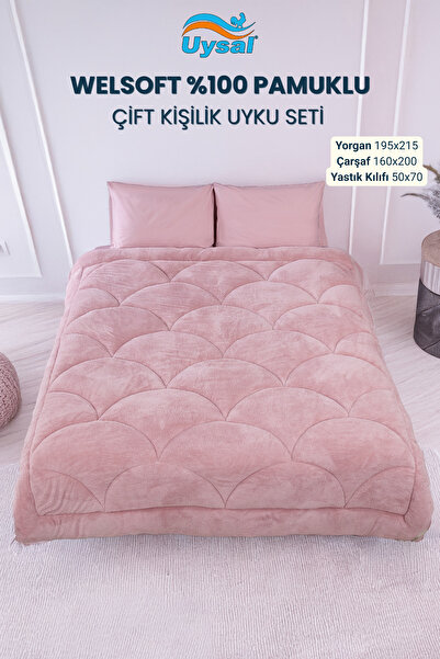 UYSAL WELSOFT AKFİL MİDYE DESEN ÇİFT KİŞİLİK UYKU SETİ PUDRA195x215