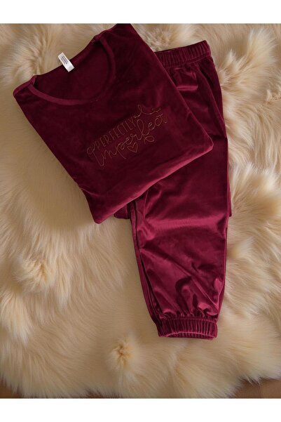 NOCHES PYJAMAS Kadın Bordo Yuvarlak Yaka Kadife Pijama Takımı