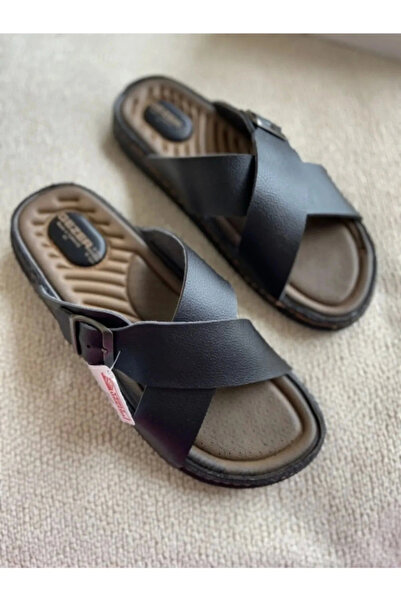 GEZER Erkek Ortopedik Rahat Taban Çapraz Ayarlanabilir Siyah Erkek Terliği