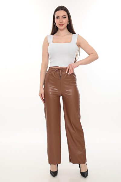 VAJESTO Pantaloni din piele pentru femei, cu detaliu cu șireturi, cu picioare...