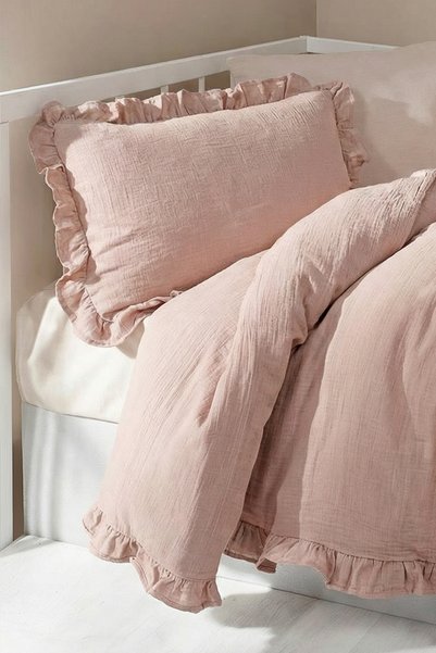 Maison Bebe Kz Ruffled 100% Cotton Muslin Baby Duvet Cover Set - Powder