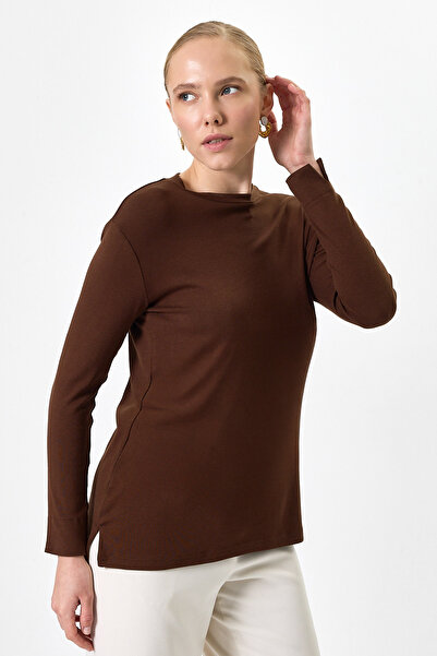 Rays Brown Crew Neck Side Slit Tunic 8229A