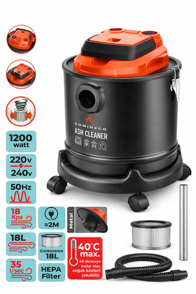 SOMINECO 1200W Çok Amaçlı Elektrikli Kül Temizleme Süpürgesi 18 L Metal Hazne–Şömine & Soba & Mangal