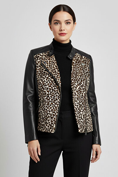 Deriderim Siyah Leopar Kadın Astarlı Biker Hakiki Deri Ceket
