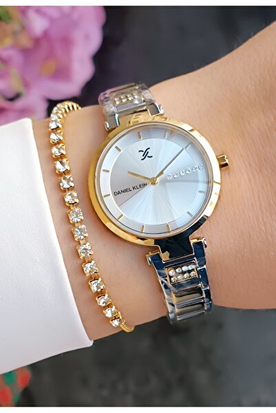 Daniel Klein YENİ MODEL DK - Sarı Bicolor Çelik Bilezik Gümüş Kadran Kadın Kol Saati+hediye Bileklik