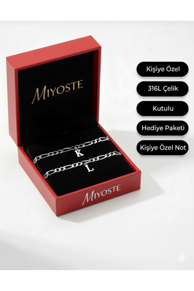 Miyoste 2'li Kararmaz Çelik Kutulu Ikili Zincir Harfli Sevgili/çift Bilekliği...