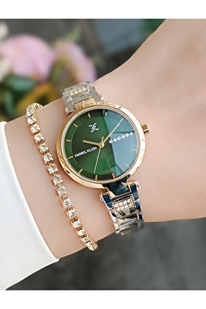 Daniel Klein YENİ MODEL DK - Sarı Bicolor Çelik Bilezik Yeşil Kadran Kadın Kol Saati+hediye Bileklik