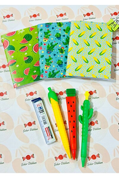 ÖZ KIRTASİYE 5'li Meyveler 0.7 Uçlu Kalem Defter Seti - Kaktüs,karpuz,mısır,ananas,havuç 5'li