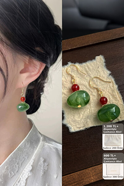 Shylyn 925 Ayar Gümüş Kırmızı Akik Yeşil Taş Küpe