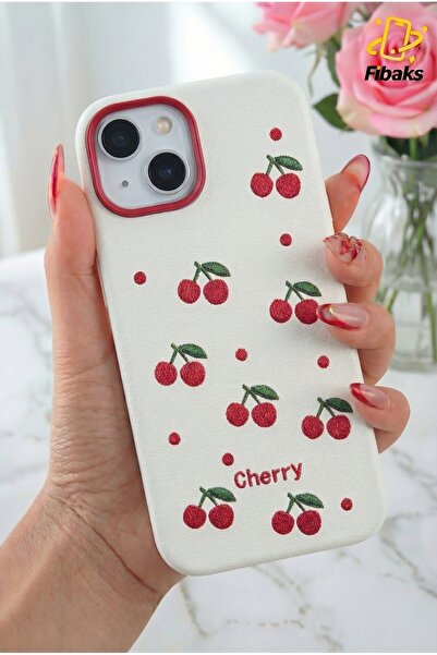 Fibaks Apple iPhone 13 - 14 - 15 Kılıf Renkli Kamera Çıkıntılı Kırmızı Kiraz Desenli Silikon Koruyucu Kapak