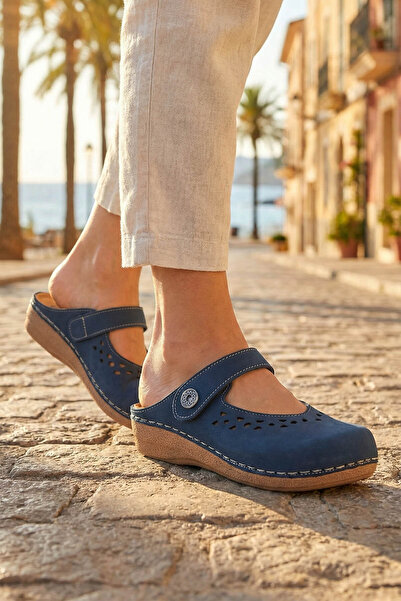 GEZER Yazlık Kadın İç Tabanı Hakiki Deri Cırt Cırtlı Terlik